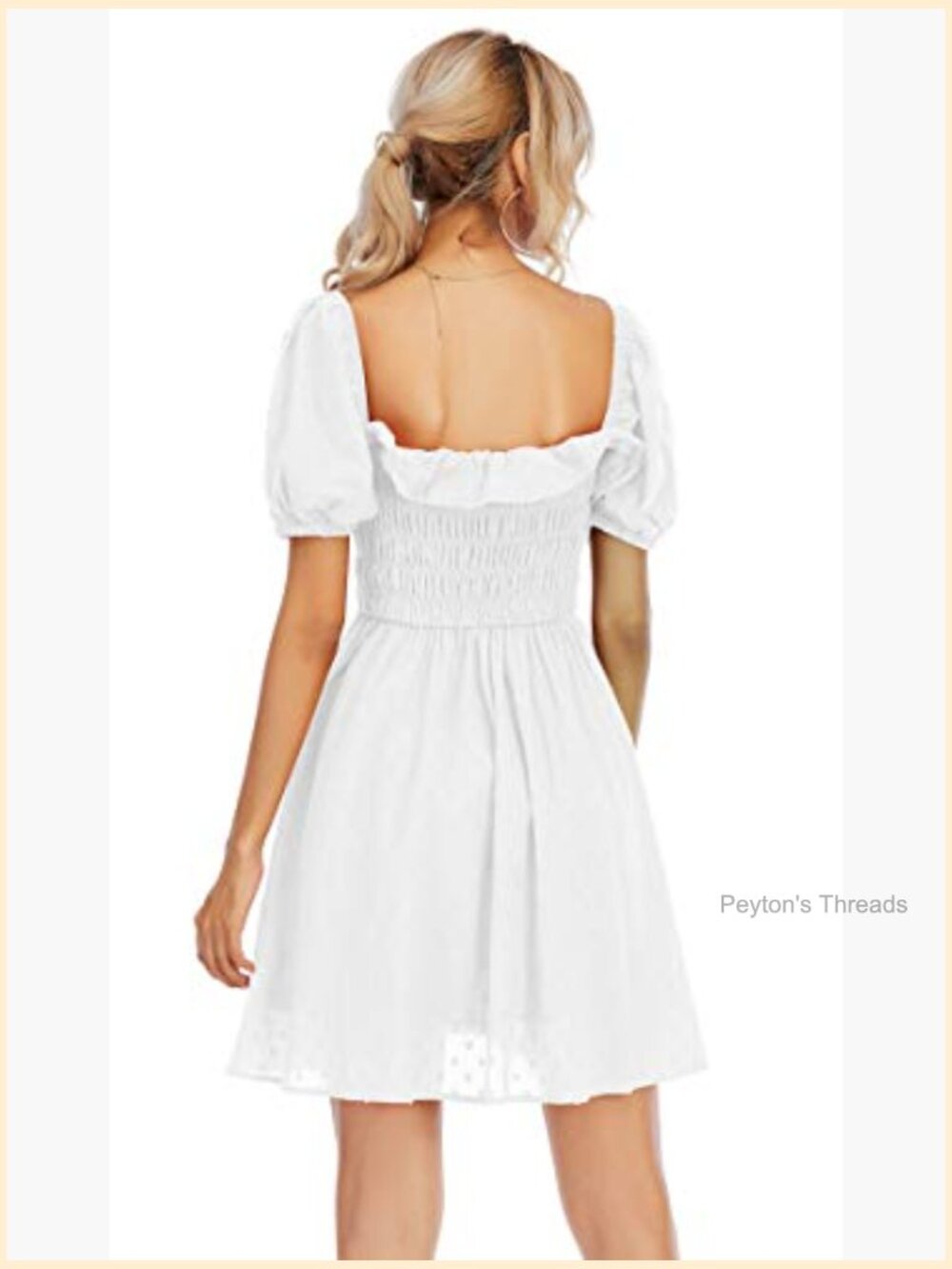 Women's Square Neck Smocked Swing Mini Dress - Short Sleeve Floral Print - Picture 3 of 5